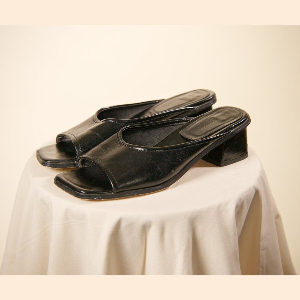 French Connection Women’s Black Leather Open Toe Mule Heels Block Heel US 9